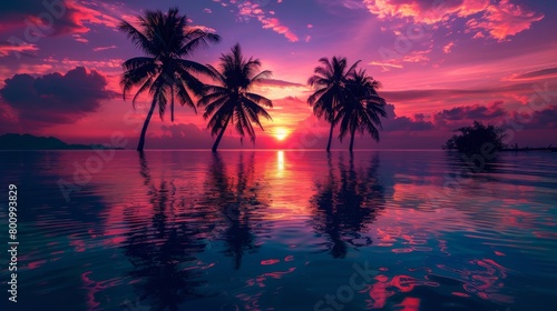 Tropical sunset on a beach with palm trees, sunset over Water and Islands, Thailand © Elvin