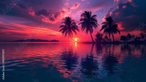 Tropical sunset on a beach with palm trees, sunset over Water and Islands, Thailand © Elvin