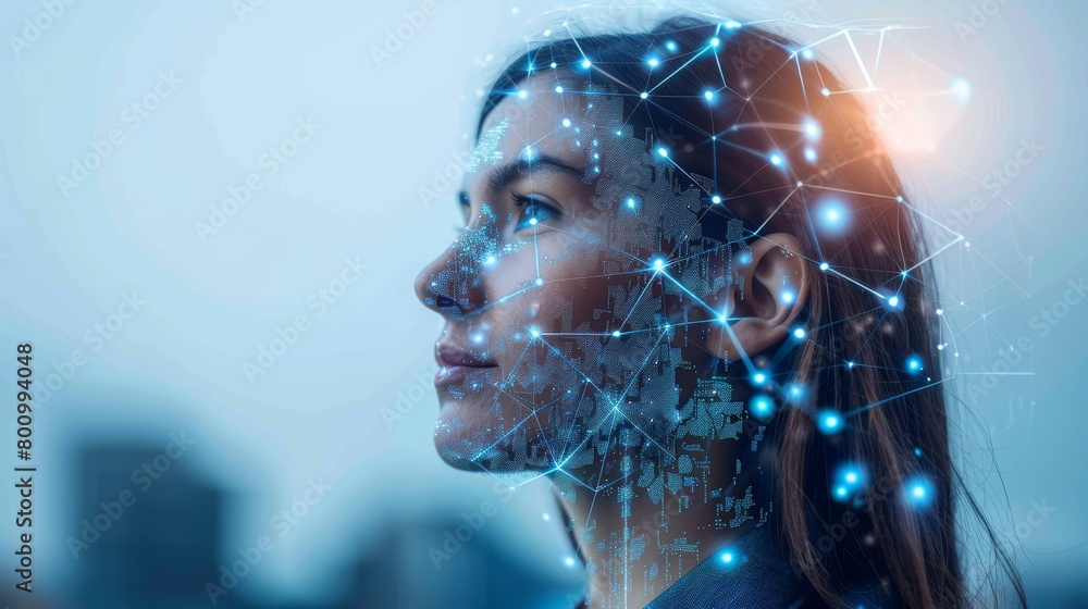 Portrait of a beautiful young woman with technology and data concept overlay. Portrait of a beautiful young woman with technology and data concept overlay.