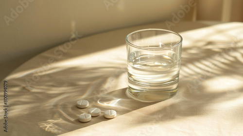 Glass of water with soluble tablets on beige table