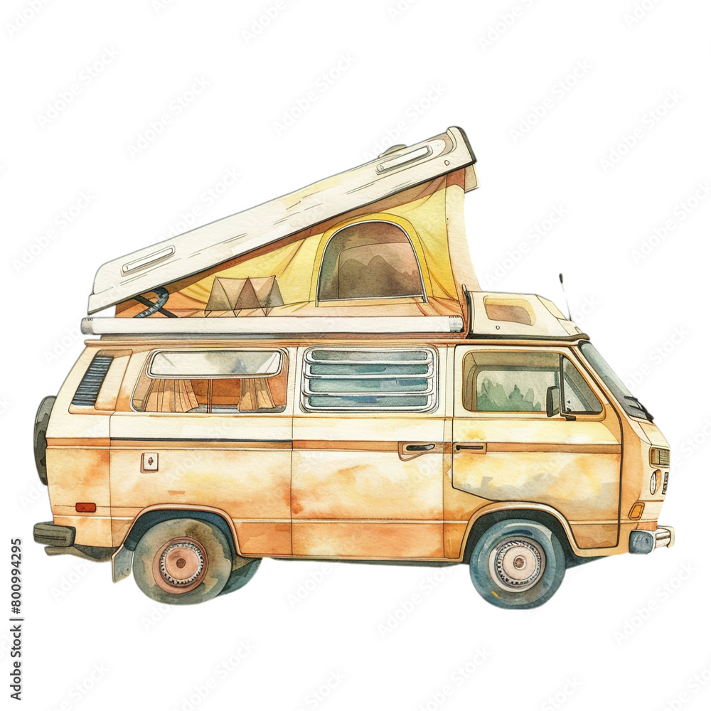 watercolor illustration of a vintage camper van equipped for adventure, ideal for travel and camping enthusiasts looking for a retro escape