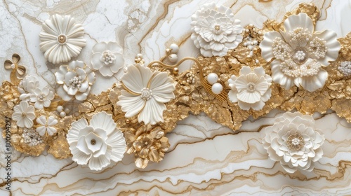 3d rendering of white and gold flowers on marble background