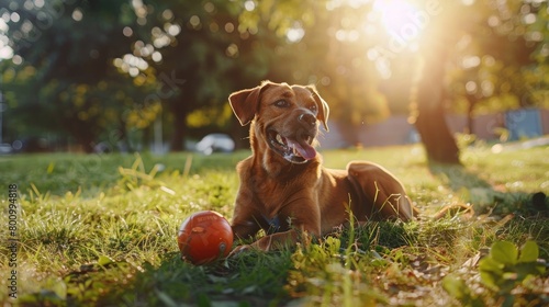 A heartwarming image of a rescue dog playing joyfully with a ball in a sunlit park, showcasing the happiness and freedom found through adoption on National Rescue Dog Day.