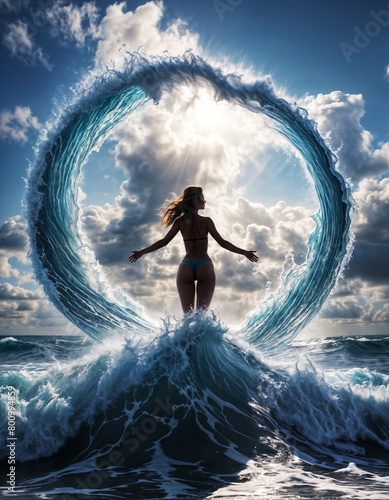 woman in a white bikini stands in the center of a large wave that looks like a portal. The wave is white and blue with white clouds in a blue sky.
