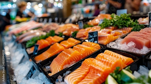 Fresh variety  vibrant fish and seafood displayed on ice at market with detailed intricacies photo
