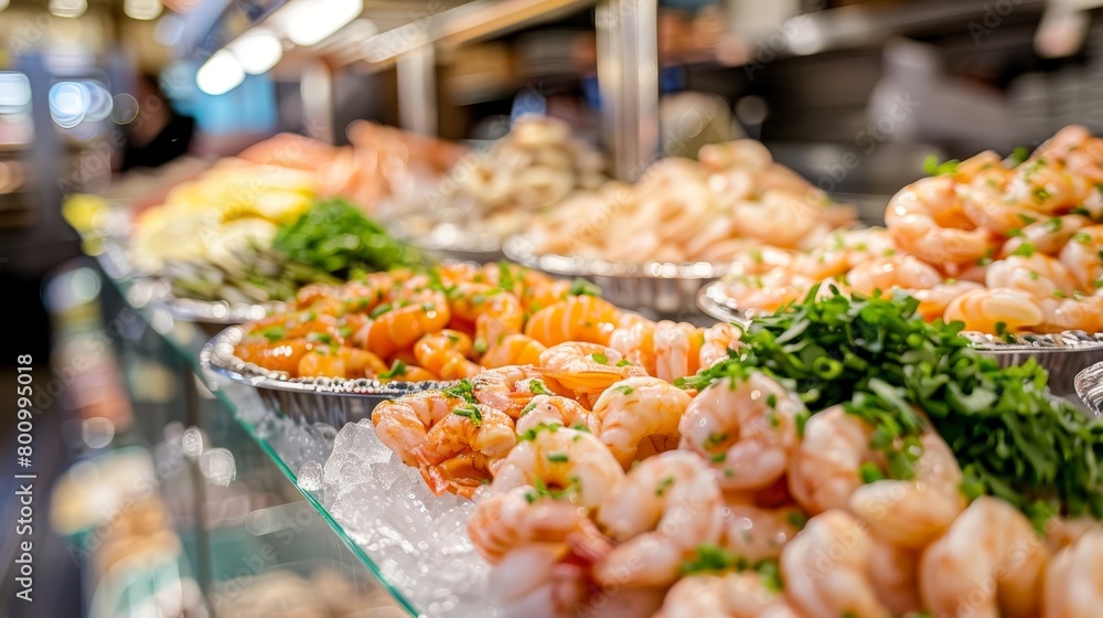 Fototapeta premium Vibrant seafood display on ice at market freshness captured in intricate detail