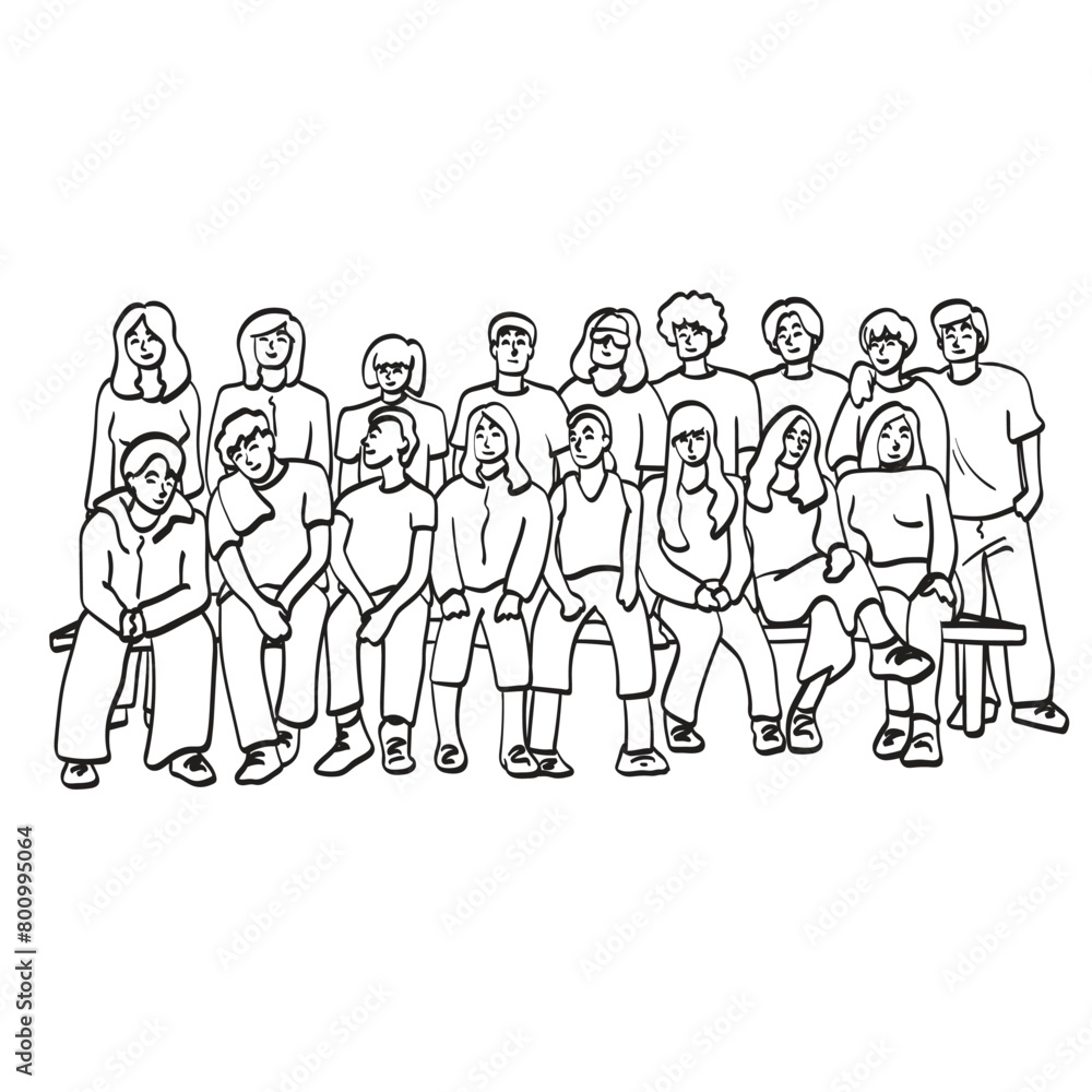 people sitting and standing together illustration vector hand drawn isolated on white background