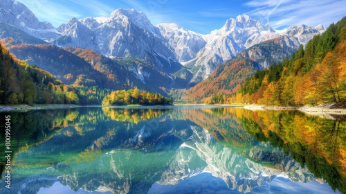 Beautiful Jasna lake with reflections of the mountains on the lake. Triglav National Park, Slovenia