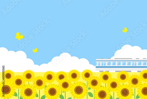 summer vector background with a train and sunflower field in the sky for banners, cards, flyers, social media wallpapers, etc. © mar_mite_