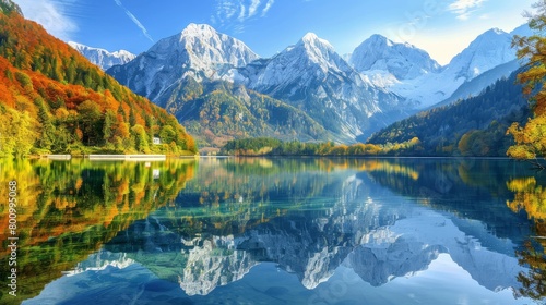 Beautiful Jasna lake with reflections of the mountains on the lake. Triglav National Park  Slovenia