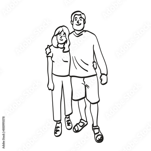 man hugging his lover by the shoulder illustration vector hand drawn isolated on white background