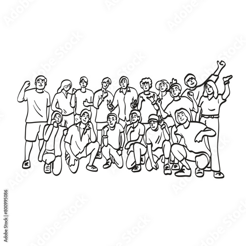 sixteen people sitting and standing together to show happiness illustration vector hand drawn isolated on white background
