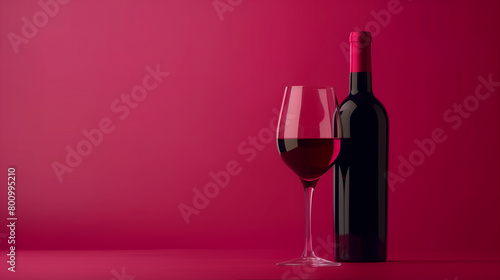 a mockup of red blue on a burgundy background. Red wine bottle with a glass on a simple dark pink empty background. copy space for text