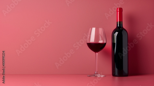 mockup of red blue on a burgundy background. Red wine bottle with a glass on a simple dark pink empty background. copy space for text