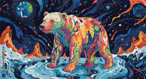 Psychedelic Art - Sad Polar Bear Illustration - Impact of Global Warming, Pollution, Increasing Ice Melting.