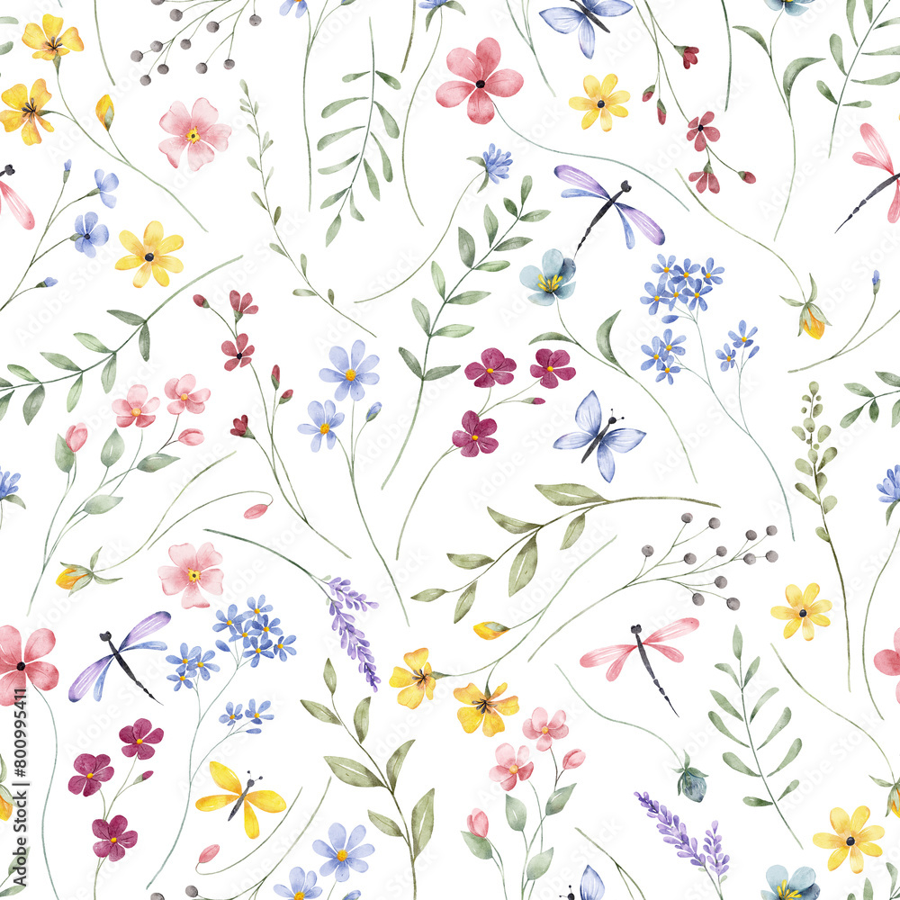 Seamless background, floral pattern with watercolor pink, blue wild flowers, leaf, dragonflies, butterflies.. Repeat fabric wallpaper print texture. Perfectly for wrapped paper, backdrop.