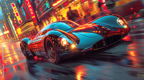 High-Speed Sports Racing Supercar on Narrow Neon-lit City Streets