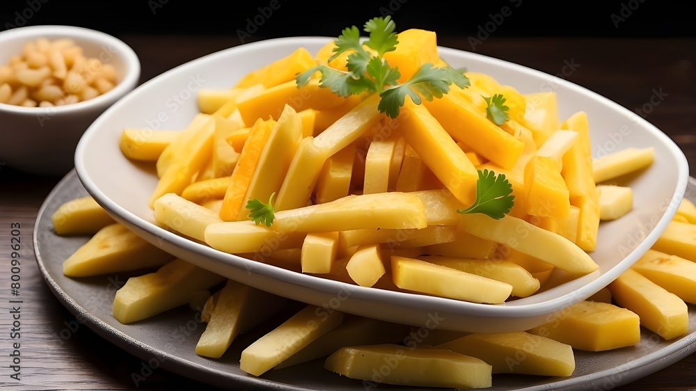 French fries, chopped mango, dinner plate, dinner dish