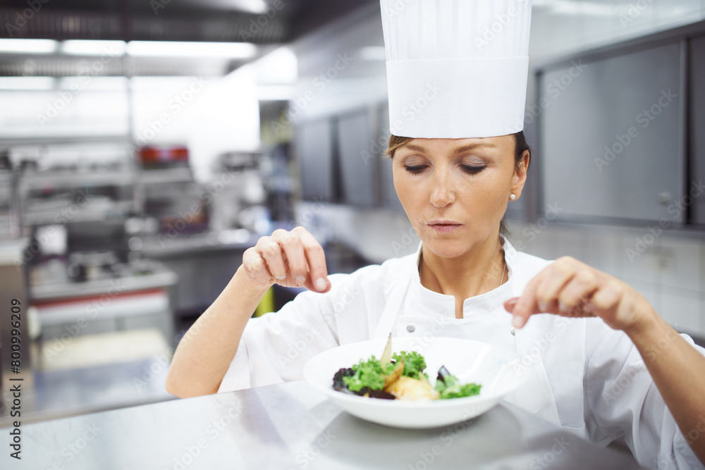 Chef, woman and plate in kitchen for fine dining, catering service or prepare dish. Hospitality, presentation and hands of female person for cooking meal, food industry or dinner in restaurant Chef, woman and plate in kitchen for fine dining, catering service or prepare dish. Hospitality, presentation and hands of female person for cooking meal, food industry or dinner in restaurant