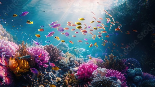 A mesmerizing image of a school of colorful fish swimming in unison above a coral reef, creating a mesmerizing display of life and movement on World Reef Awareness Day. © Ammar