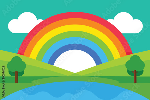 Rainbow above Pond Lake Nature Landscape Scenery Illustration vector design