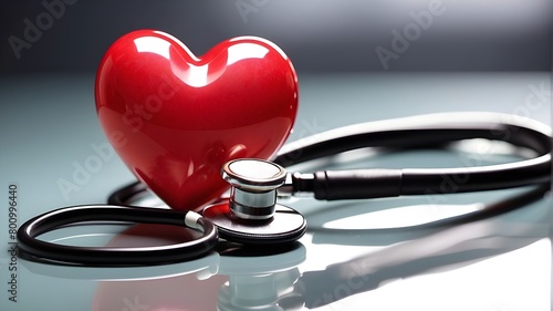 extreme close-up of a red heart and stethoscope on a reflective surface packed with copy space. notion of cardiovascular care and medical health.