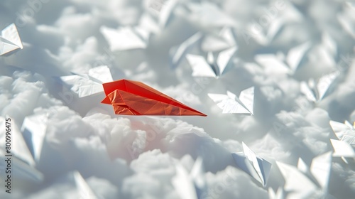 Vermillion Paper Airplane Soaring Ahead A Bold Departure Amongst Fluffy Whites Generative ai