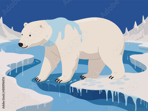 Sad Polar Bear Illustration - Impact of Global Warming  Pollution  and Increasing Ice Melting.