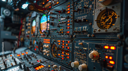 Navigating the Skies: A Vintage Aircraft's Intricate Control Panel with Analog Instruments.Vintage aviation control.