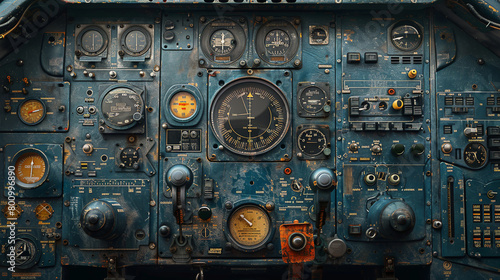 aircraft control panel control panel.Navigating the Skies: A Vintage Aircraft's Intricate Control Panel with Analog Instruments.