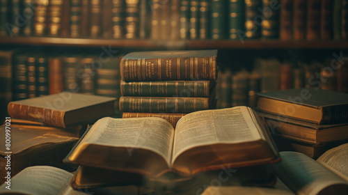 A stack of closed vintage books with an open one resting on top, in a warm, scholarly atmosphere