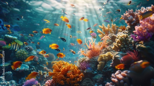 A mesmerizing underwater scene of vibrant coral reefs teeming with colorful fish, showcasing the beauty and diversity of marine life on World Reef Awareness Day. © Ammar