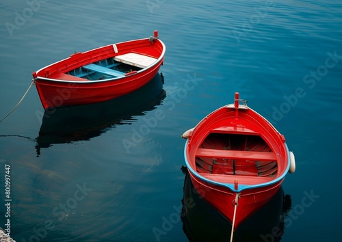 Serene Red Rowboats Tied Up On Calm Blue Lake Waters