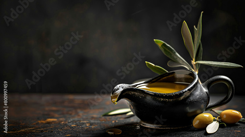 Gravy boat of tasty olive oil on dark background photo