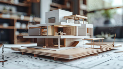 Scale model home vision: Exquisite Model Home on Display Over Project Blueprints.