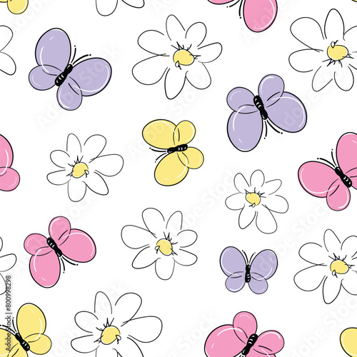 Hand Drawn cute Flowers and Butterfly background print for textile. The drawn flowers beautiful illustration for the fabric. Design ornament pattern seamless. Vector