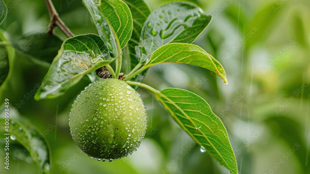 Green walnut on tree branch in garden