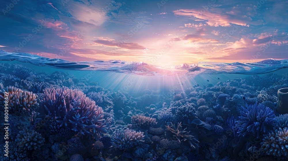 A panoramic view of a coral reef at dawn, with the first light of day illuminating the underwater world, symbolizing the hope and resilience of reef ecosystems on World Reef Awareness Day.