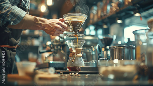 Connoisseur of Coffee Arts Skillfully Filters a Brew with Precision in an Urban Cafe.