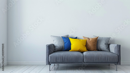 Grey sofa with pillow in colors of Ukrainian flag  photo