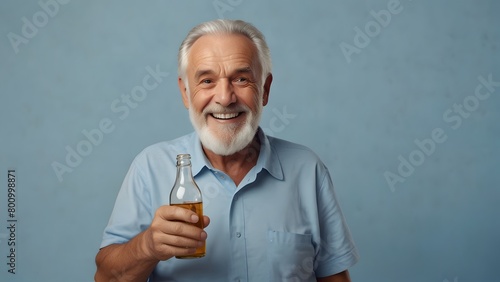 Happy old man holding small white bottle, light blue background, world health day, senior person with a bottle OF OIL