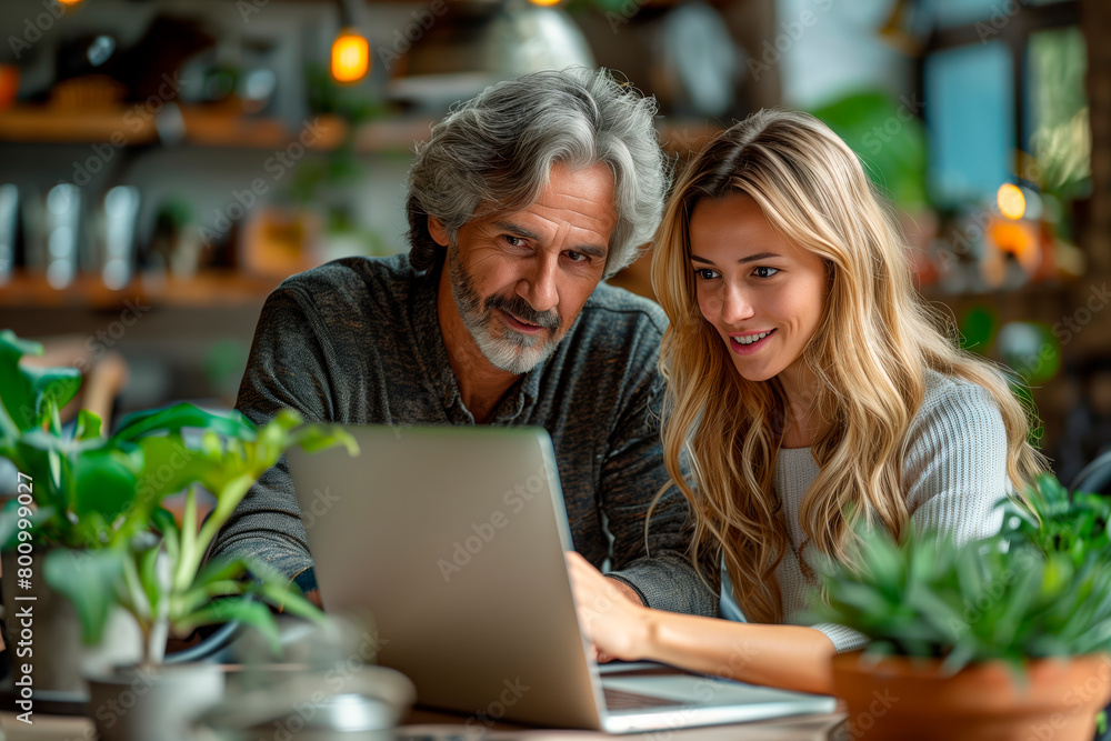 A man and a woman are looking at a laptop together. The man is smiling and the woman is smiling back. The laptop is open and they are both looking at it A man and a woman are looking at a laptop together. The man is smiling and the woman is smiling back. The laptop is open and they are both looking at it