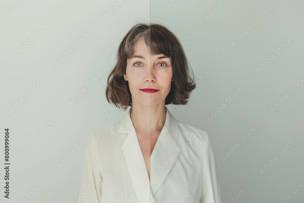 Aging scalp and dual skin health portrayals focus on two halves of premature aging, integrating portrait skincare trends for young adults. Aging scalp and dual skin health portrayals focus on two halves of premature aging, integrating portrait skincare trends for young adults.