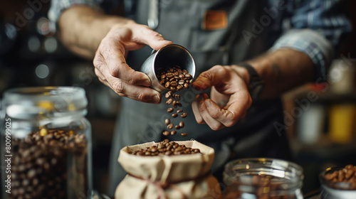 Close-Up of a Barista's Hands Pouring Roasted Coffee Beans into a Linen Bag, Highlighting the Freshness and Quality,etailed shot captures a barista's hands as they pour roasted coffee beans.