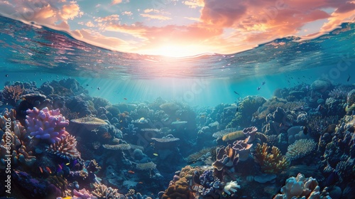 A panoramic view of a coral reef at dawn, with the first light of day illuminating the underwater world, symbolizing the hope and resilience of reef ecosystems on World Reef Awareness Day. © Ammar