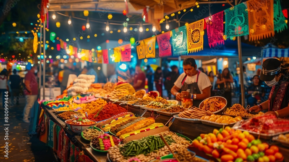 Colorful Mexican Street Food Market At Night, Festive Cinco de Mayo Decorations, Assortment Of Traditional Foods, Buzzing With Activity, AI Generated