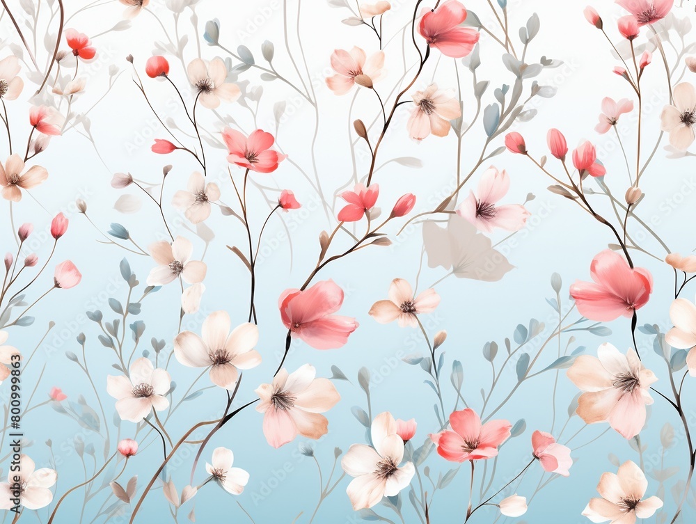 Flat graphic illustration of delicate hanging blooms in soft pastels for serene fabric prints and paper art , seamless pattern Flat graphic illustration of delicate hanging blooms in soft pastels for serene fabric prints and paper art , seamless pattern