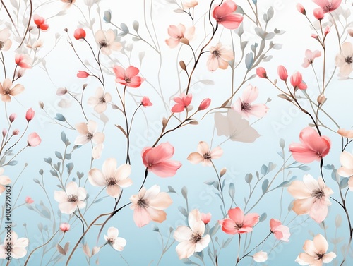Flat graphic illustration of delicate hanging blooms in soft pastels for serene fabric prints and paper art    seamless pattern
