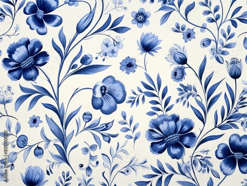 Seamless pattern of delft blue blossoms and leaves for vintageinspired ceramic tiles and fine paper printing ,  simple lines drawing photo