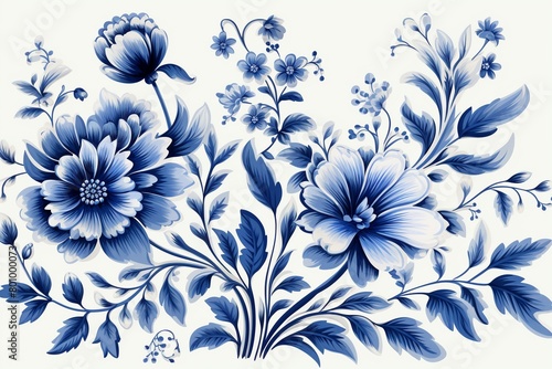 Vector illustration of dense blue flower motifs, reminiscent of historical pottery, for artisanal wallpaper and decor , high resolution